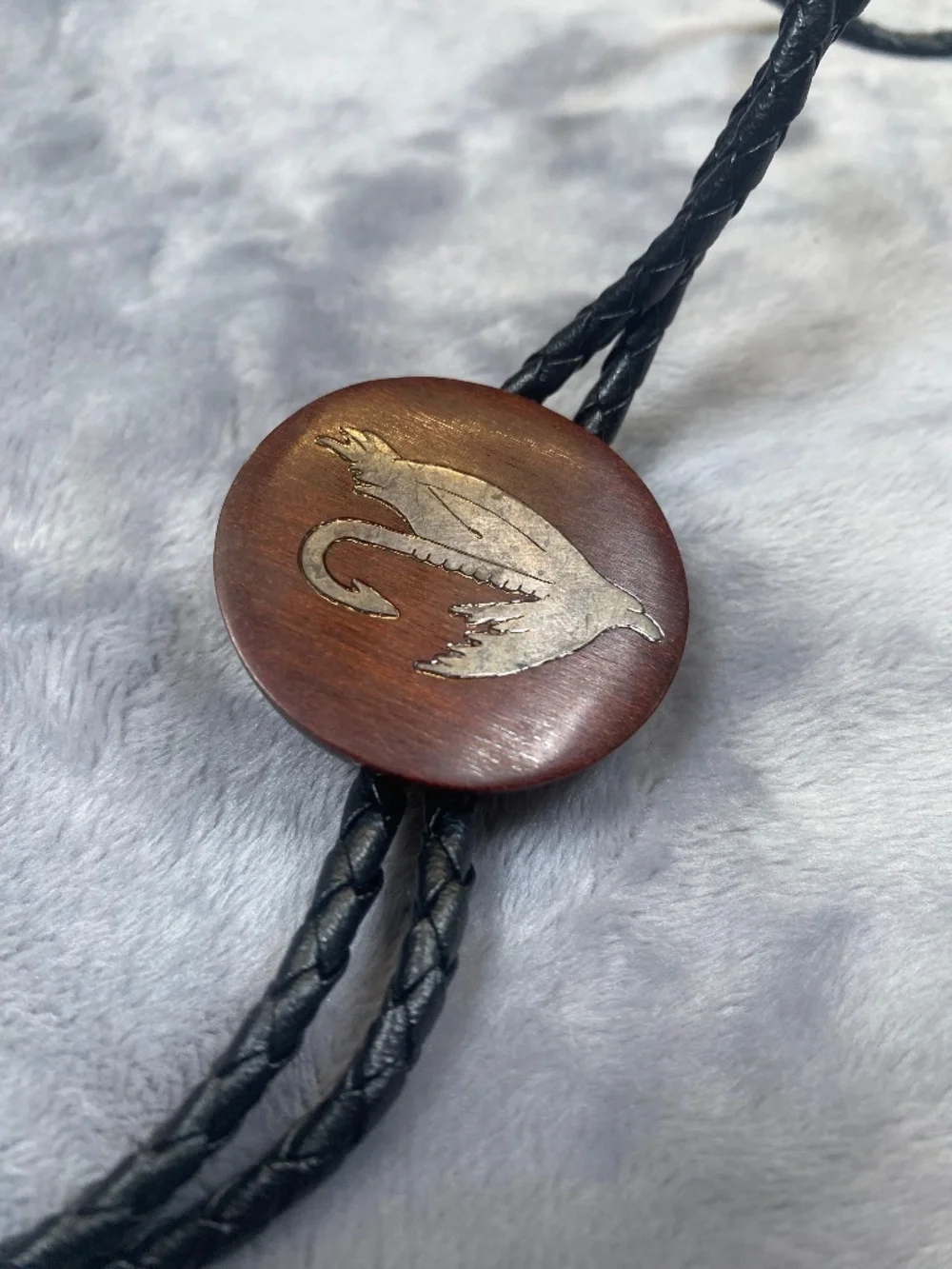 Fly Fishing Leather and Wood with Metal inlay Bolo Tie